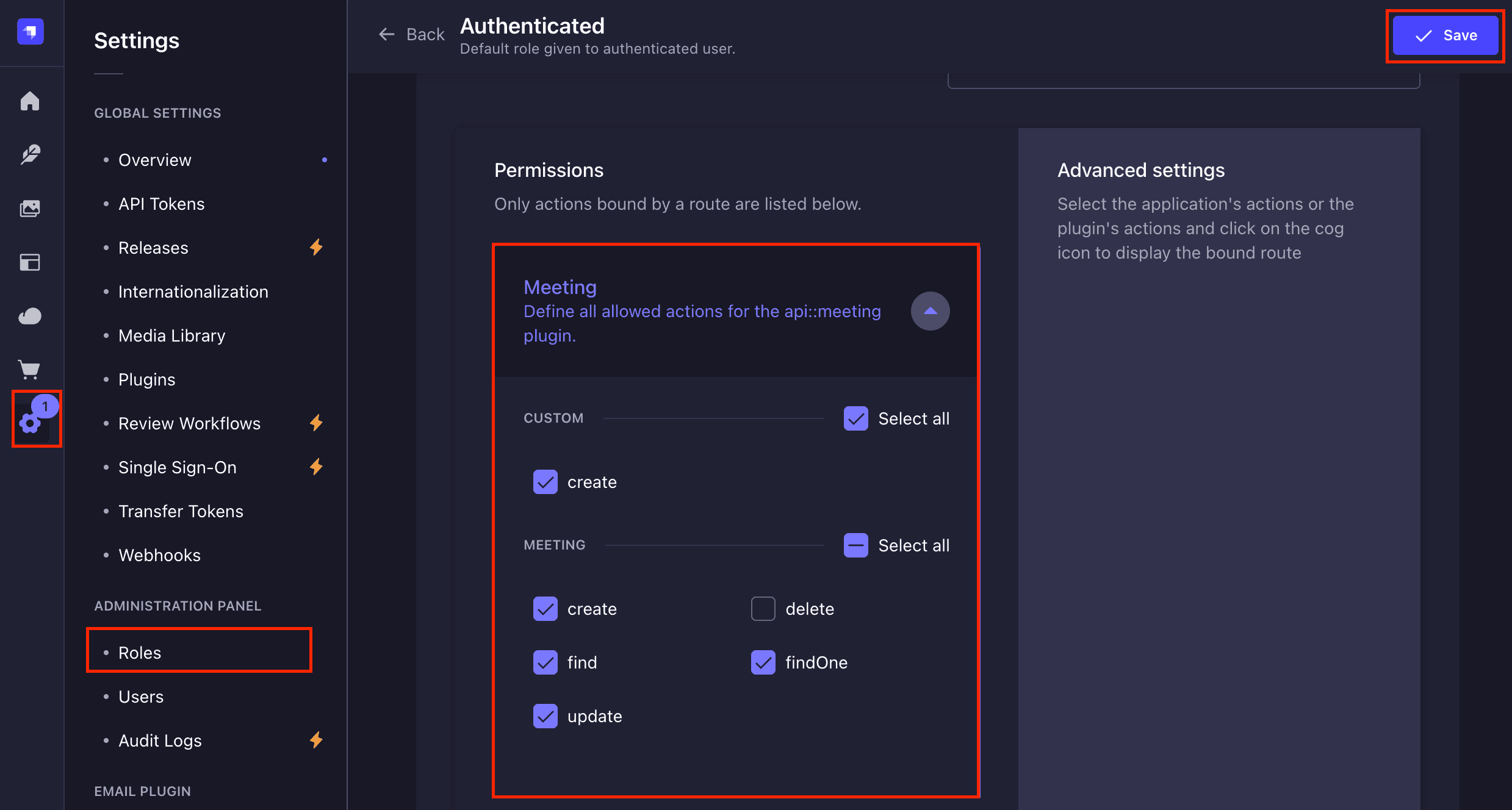 Role permissions configuration for Meeting collection type.png
