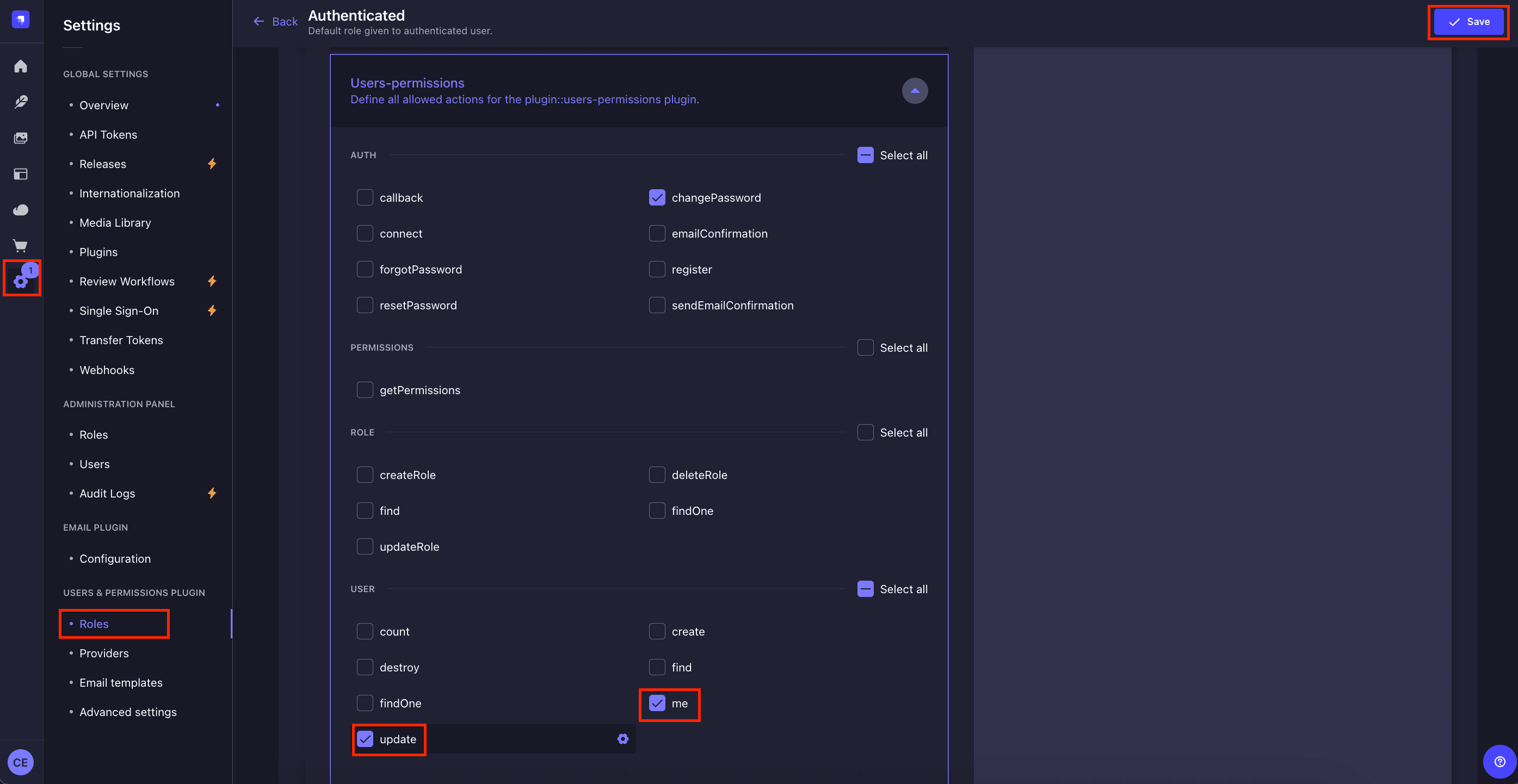 Role permissions configuration for User collection type.png